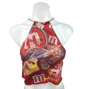 M&M’s x Furst of a Kind Red Halter Crossback Metal Chain Cami Crop Tank Top Sz S